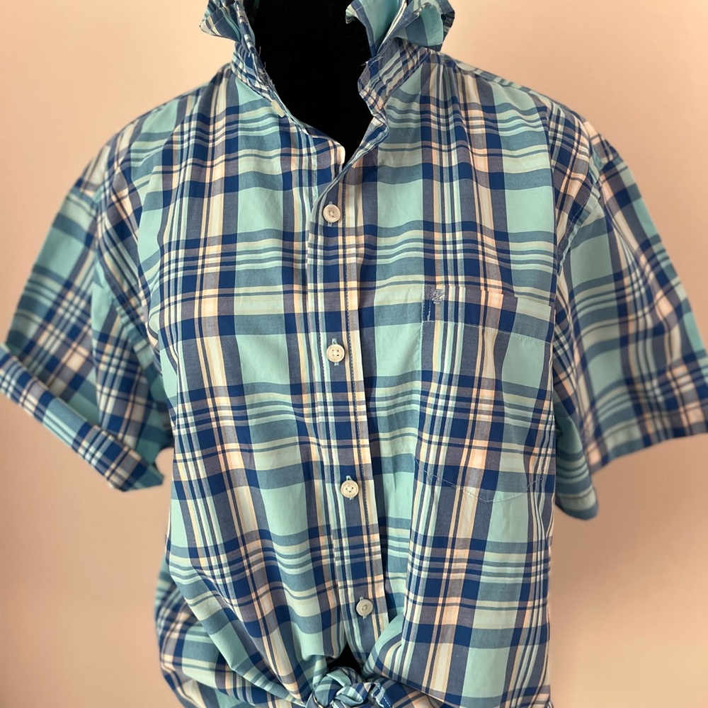 Upcycled Izod Aqua & Navy Plaid Short Sleeve Button-Down Shirt
